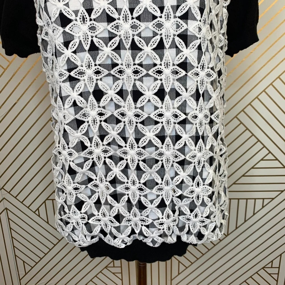 Anthropologie Moth Facade Sweater Short Sleeve Lace Gingham Black White Size XS - Picture 3 of 8